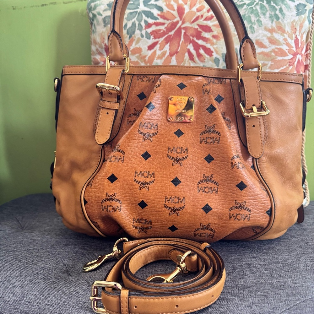 MCM Cognac Visetos Logo Satchel Bag